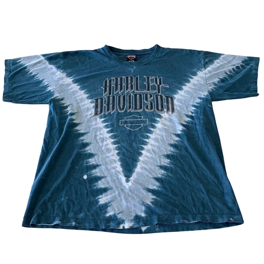 Harley Davidson T-Shirt Mens L Blue 90s Vintage Tie Dye Wabash Valley Iowa Cycle